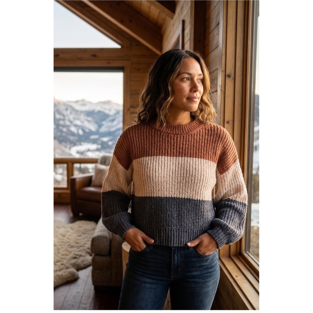 Debut Womens XS Cropped Chenille Colorblock Sweater Rust Cream Grey Chunky Knit